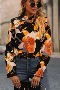 Sammie - Black Floral Print Mock Neck Blouse