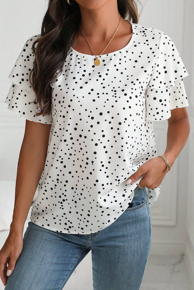 Chantelle - White Dalmatian Print Layered Ruffled Short Sleeve Blouse