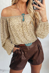 Marilyn-Beige Leopard Velvet Burnout Off Shoulder Long Sleeve Blouse