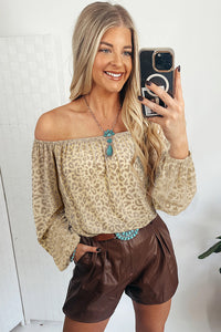 Marilyn-Beige Leopard Velvet Burnout Off Shoulder Long Sleeve Blouse