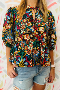 Chloe-Black Tropical Print Bubble Sleeve Knot Front Blouse