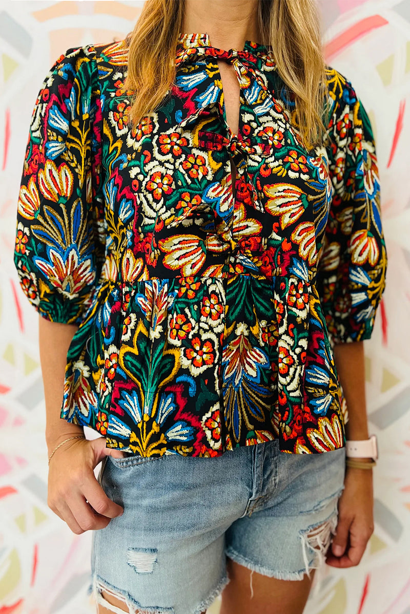 Chloe-Black Tropical Print Bubble Sleeve Knot Front Blouse