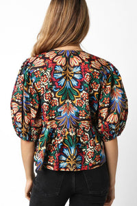 Chloe-Black Tropical Print Bubble Sleeve Knot Front Blouse