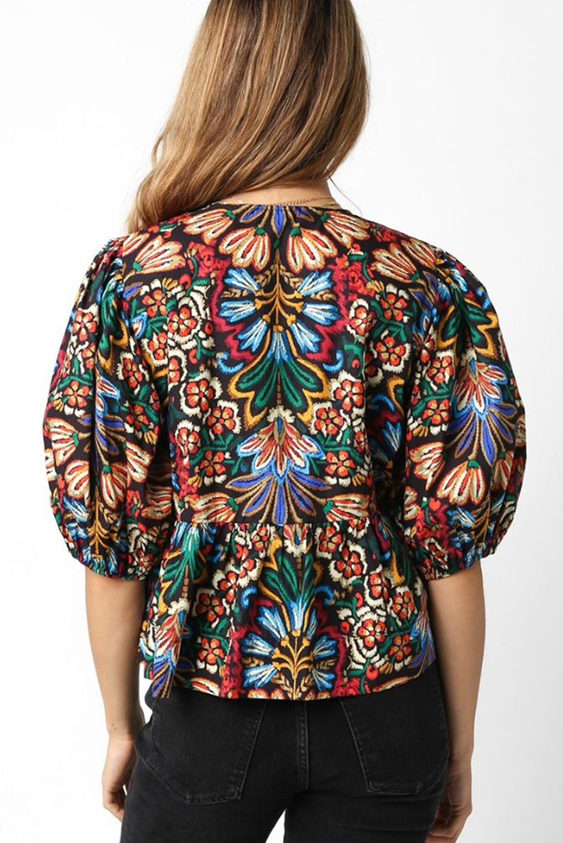 Chloe-Black Tropical Print Bubble Sleeve Knot Front Blouse