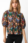 Chloe-Black Tropical Print Bubble Sleeve Knot Front Blouse