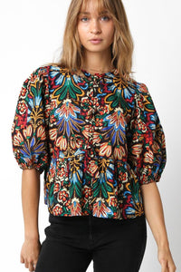Chloe-Black Tropical Print Bubble Sleeve Knot Front Blouse