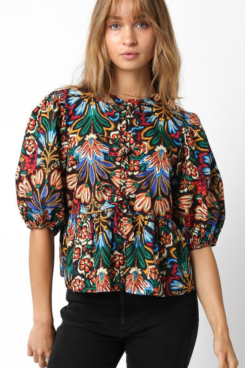 Chloe-Black Tropical Print Bubble Sleeve Knot Front Blouse