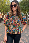 Chloe-Black Tropical Print Bubble Sleeve Knot Front Blouse