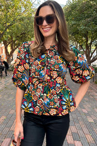Chloe-Black Tropical Print Bubble Sleeve Knot Front Blouse