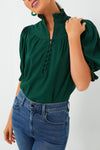 Melissa-Hunter Green Solid Puff Sleeve Frilled Trim Elegant Blouse