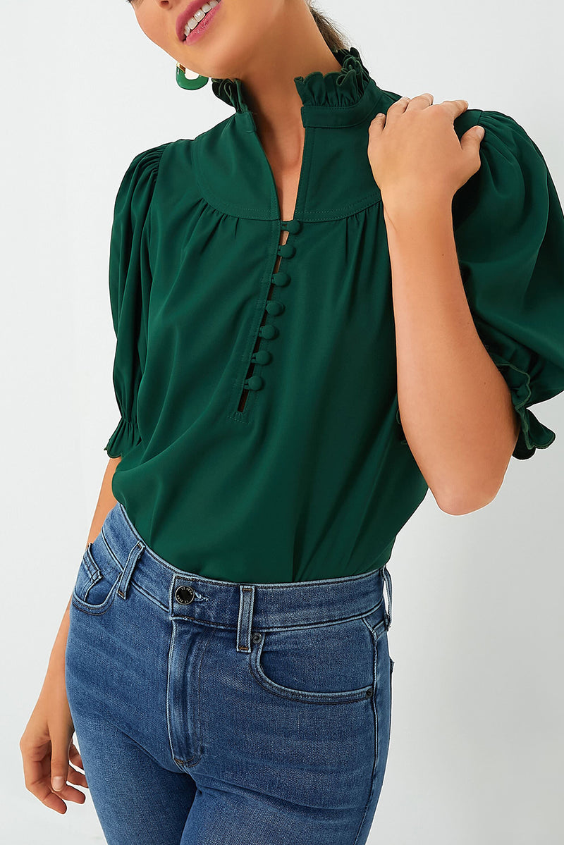 Melissa-Hunter Green Solid Puff Sleeve Frilled Trim Elegant Blouse