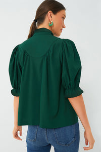 Melissa-Hunter Green Solid Puff Sleeve Frilled Trim Elegant Blouse