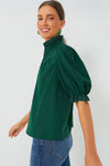 Melissa-Hunter Green Solid Puff Sleeve Frilled Trim Elegant Blouse