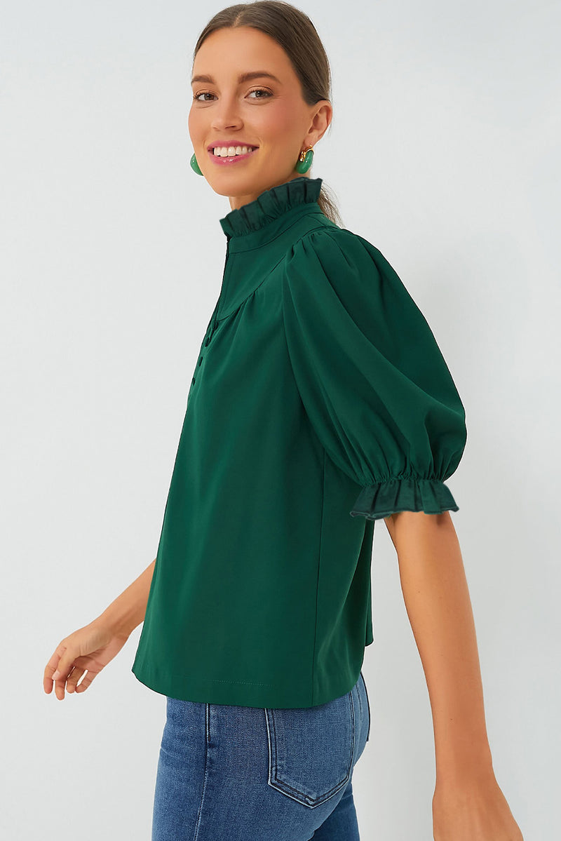 Melissa-Hunter Green Solid Puff Sleeve Frilled Trim Elegant Blouse