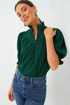 Melissa-Hunter Green Solid Puff Sleeve Frilled Trim Elegant Blouse