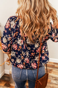 Nelma- Navy Floral Short Sleeve Scoop Neck Casual Blouse