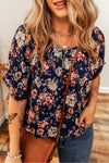 Nelma- Navy Floral Short Sleeve Scoop Neck Casual Blouse