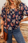 Nelma- Navy Floral Short Sleeve Scoop Neck Casual Blouse