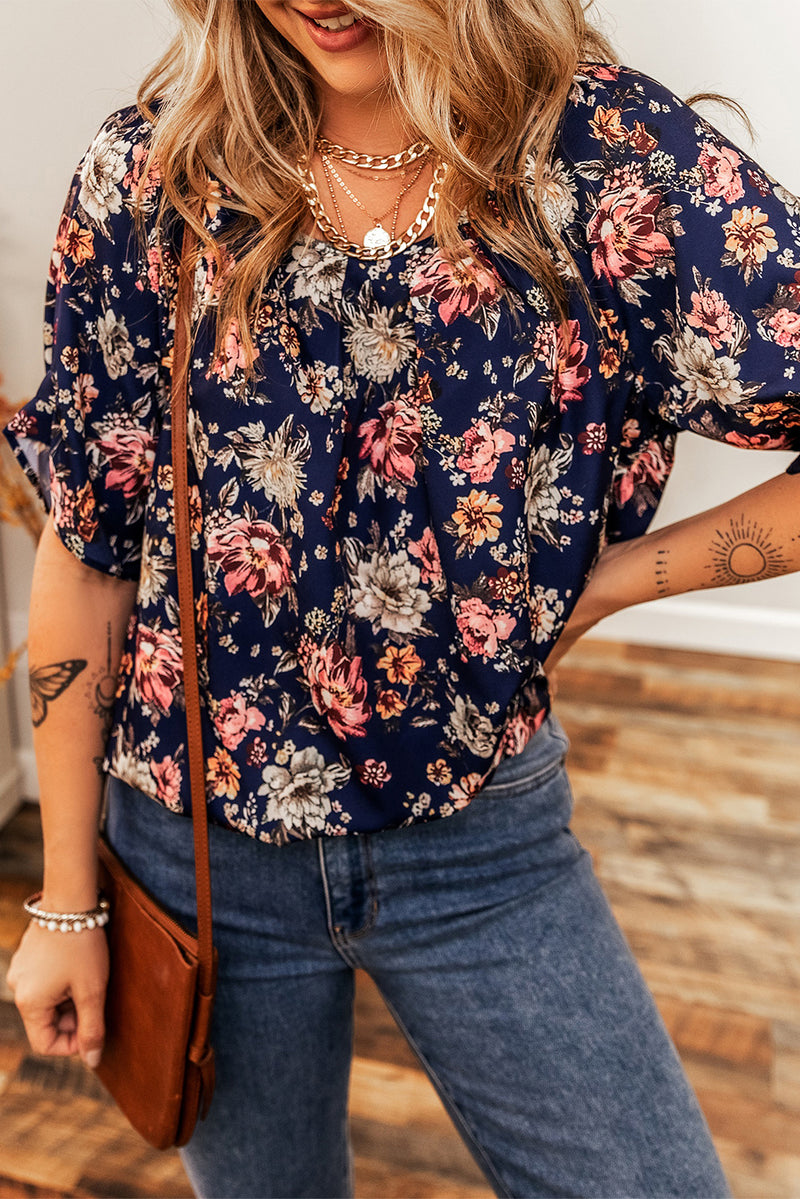 Nelma- Navy Floral Short Sleeve Scoop Neck Casual Blouse