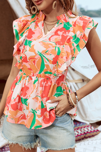 Madeline-Pink Floral Frilled Collar Split Neck Ruffled Sleeve Peplum Top