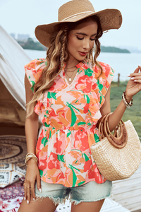 Madeline-Pink Floral Frilled Collar Split Neck Ruffled Sleeve Peplum Top
