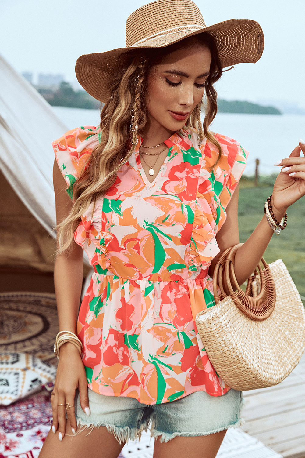 Madeline-Pink Floral Frilled Collar Split Neck Ruffled Sleeve Peplum Top