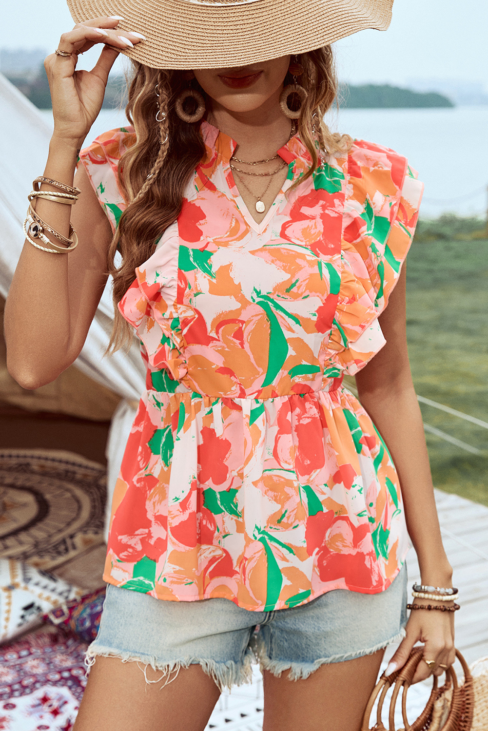 Madeline-Pink Floral Frilled Collar Split Neck Ruffled Sleeve Peplum Top