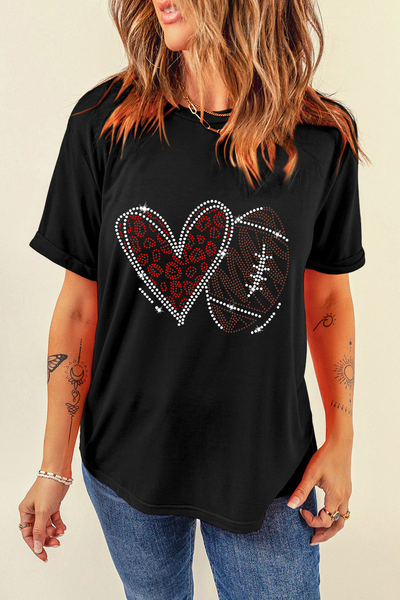 Black Rhinestone Love Football Graphic T Shirt