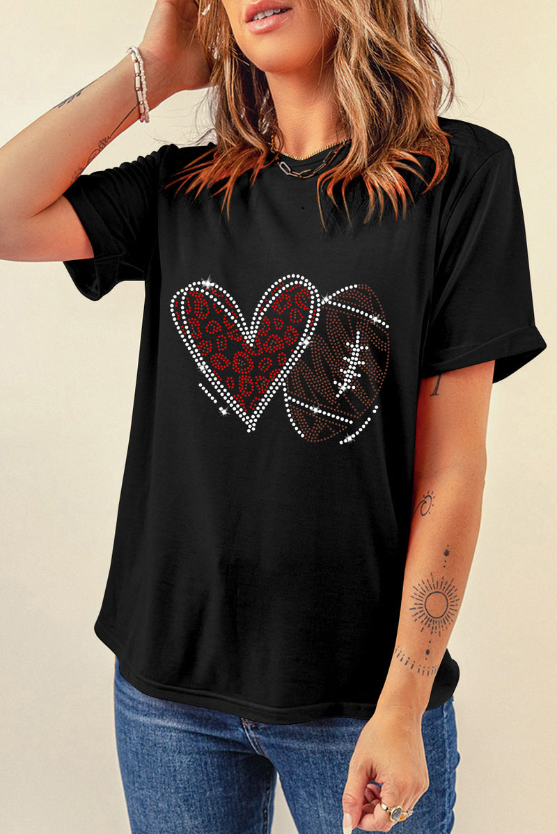 Black Rhinestone Love Football Graphic T Shirt
