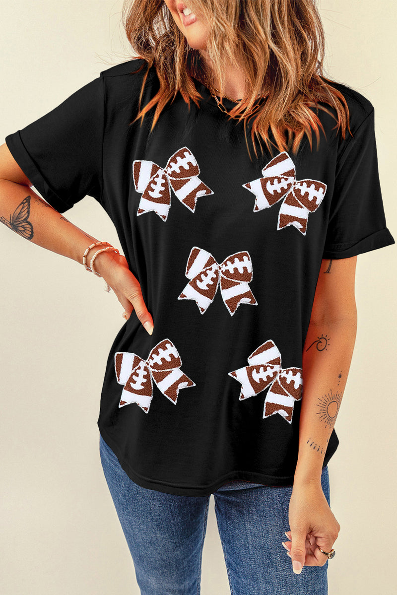 Black Football Bowknot Pattern Game Day T Shirt