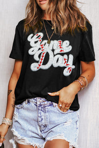 Black Embroidered Baseball Game Day Graphic Crew Neck Tee