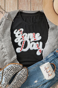 Black Embroidered Baseball Game Day Graphic Crew Neck Tee