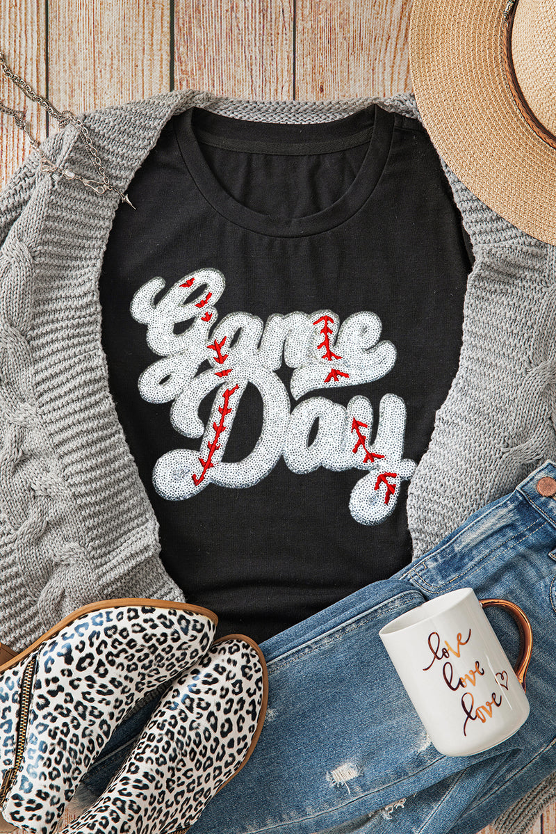 Black Embroidered Baseball Game Day Graphic Crew Neck Tee