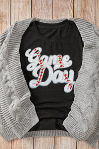 Black Embroidered Baseball Game Day Graphic Crew Neck Tee