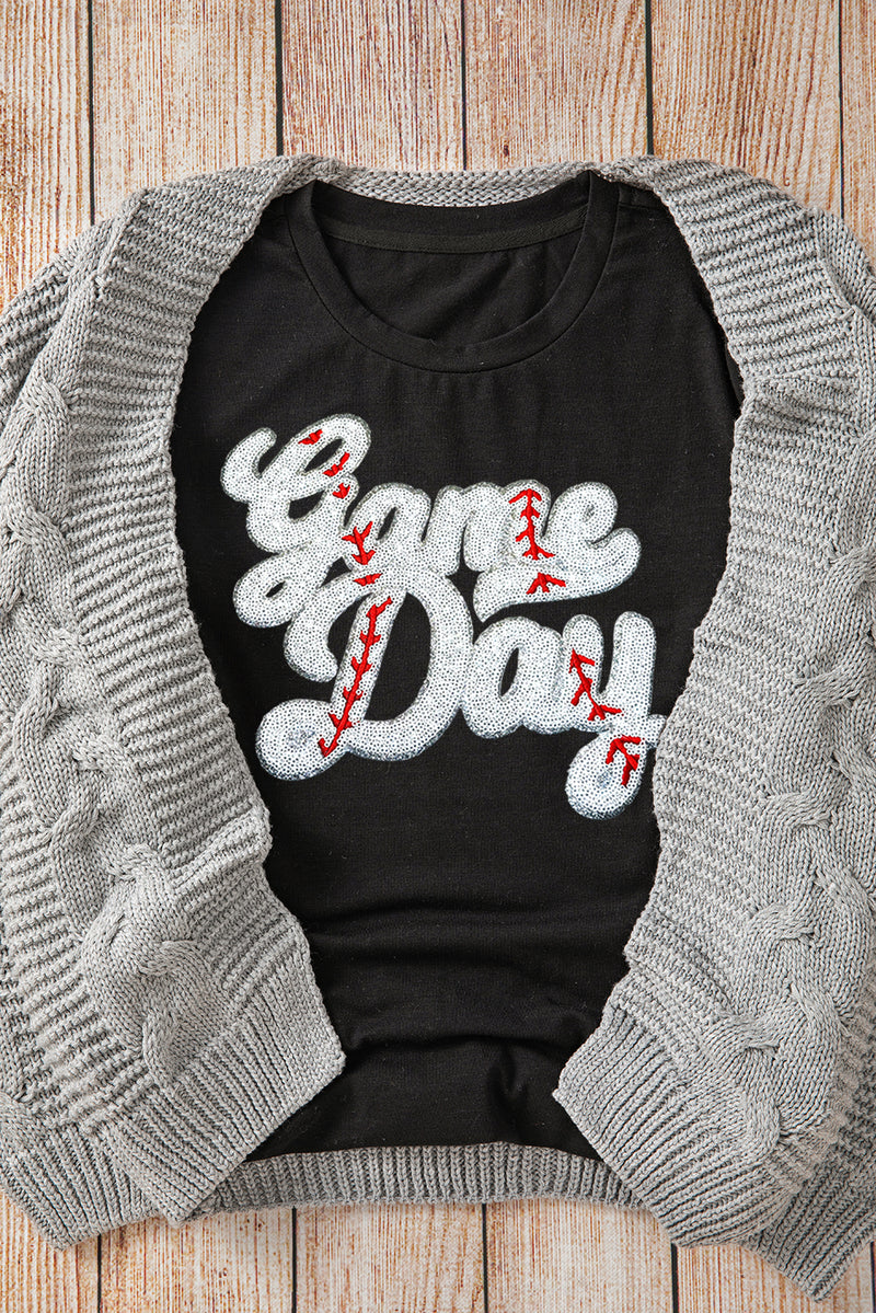 Black Embroidered Baseball Game Day Graphic Crew Neck Tee