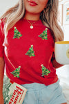 Krissy-Red Sequined Christmas Tree Graphic Crewneck T Shirt