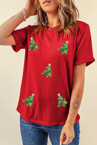 Krissy-Red Sequined Christmas Tree Graphic Crewneck T Shirt