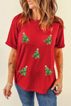 Krissy-Red Sequined Christmas Tree Graphic Crewneck T Shirt