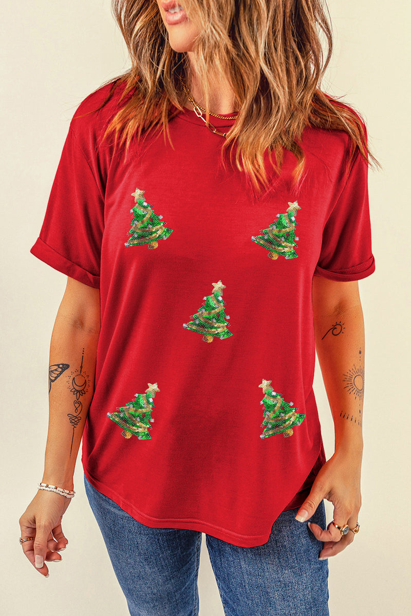 Krissy-Red Sequined Christmas Tree Graphic Crewneck T Shirt