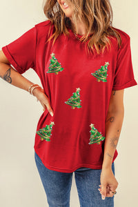 Krissy-Red Sequined Christmas Tree Graphic Crewneck T Shirt