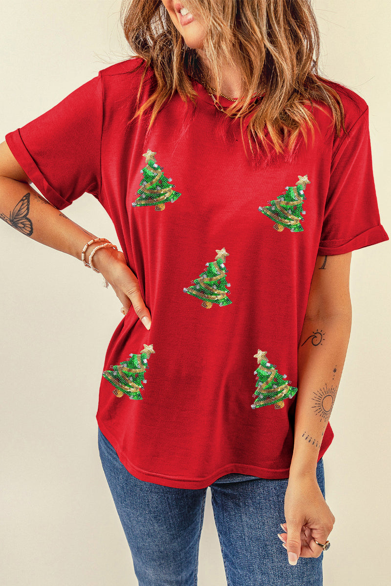 Krissy-Red Sequined Christmas Tree Graphic Crewneck T Shirt