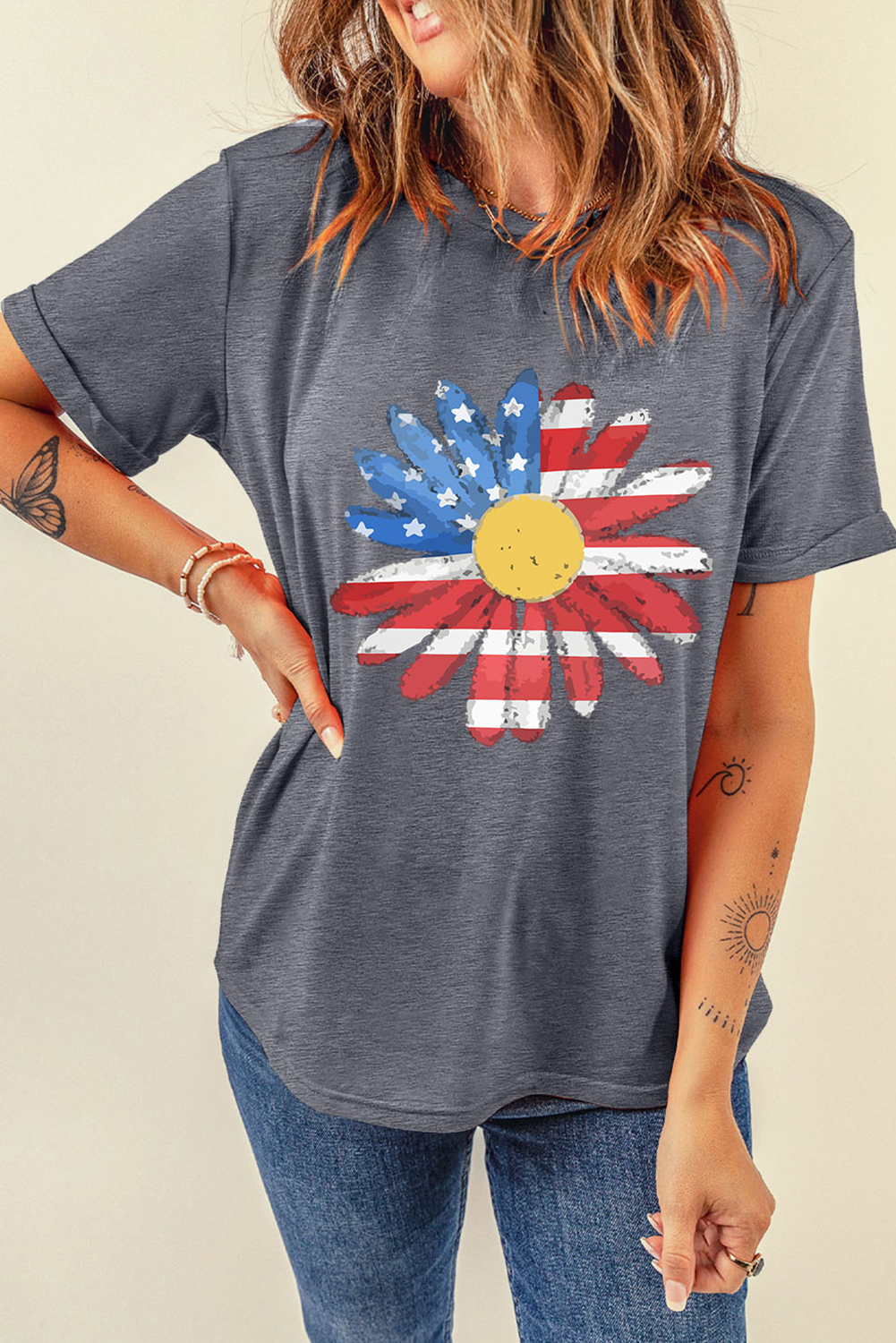 Flag Pattern Sunflower Crew Neck Tee