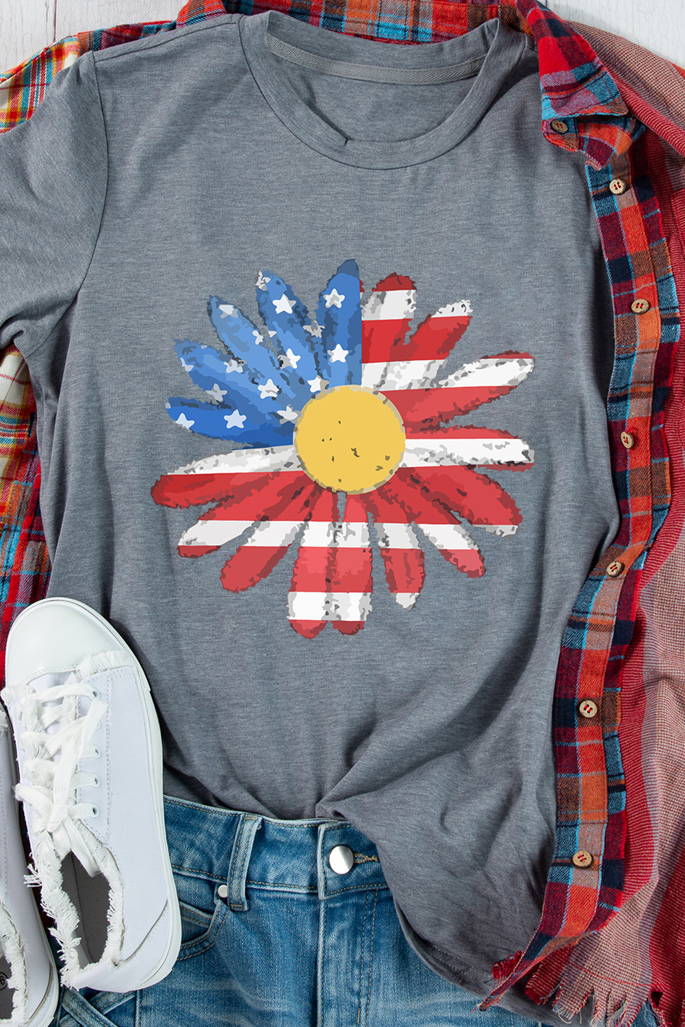 Flag Pattern Sunflower Crew Neck Tee