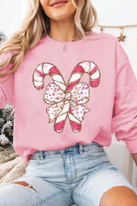 Noel-Pink Christmas Bow Candy Cane Graphic Drop Shoulder Crew Neck Sweatshirt