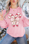 Noel-Pink Christmas Bow Candy Cane Graphic Drop Shoulder Crew Neck Sweatshirt