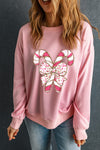Noel-Pink Christmas Bow Candy Cane Graphic Drop Shoulder Crew Neck Sweatshirt