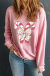 Noel-Pink Christmas Bow Candy Cane Graphic Drop Shoulder Crew Neck Sweatshirt