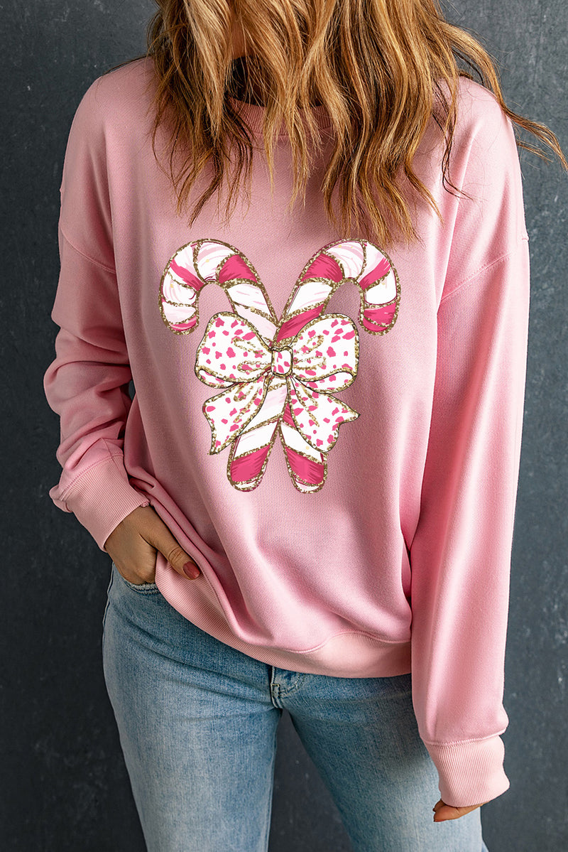 Noel-Pink Christmas Bow Candy Cane Graphic Drop Shoulder Crew Neck Sweatshirt