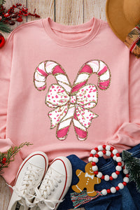Noel-Pink Christmas Bow Candy Cane Graphic Drop Shoulder Crew Neck Sweatshirt