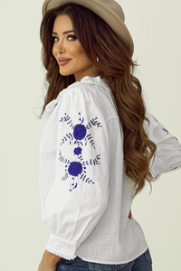 Priscilla- White Floral Embroidered Bracelet Sleeve Shirt